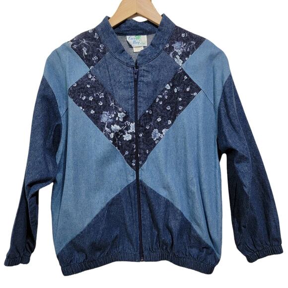 Vintage Coco Bay Miami Womens Mixed Print Chambray Full Zip Jacket Denim 80s SM - Picture 1 of 8